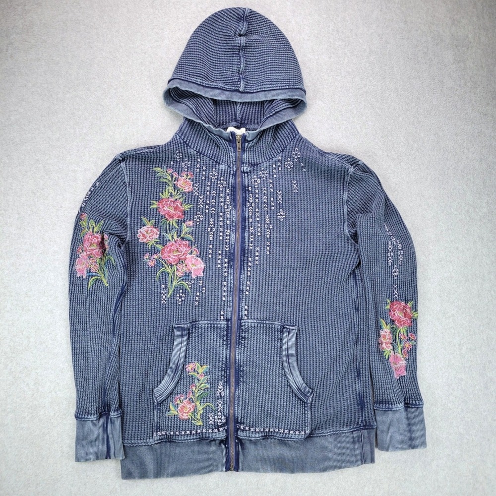 Sundance Jolene Waffle Knit Hoodie Women Medium Blue Floral Embroidered Zip Up